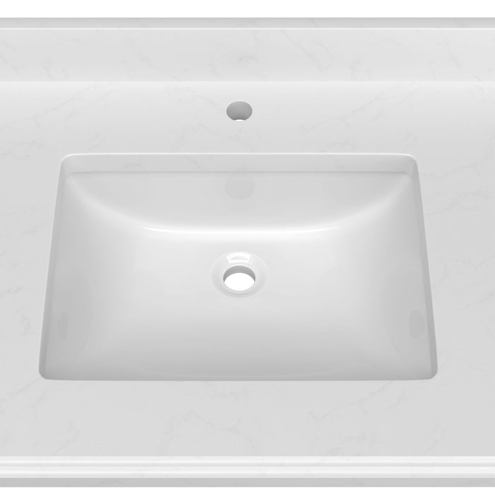 Quartz Vanity Top With Undermounted Rectangular Ceramic Sink & Backsplash White Carrara Engineered Stone Countertop For Bathroom Kitchen Cabinet 1 Faucet Hole (Not Include Cabinet)