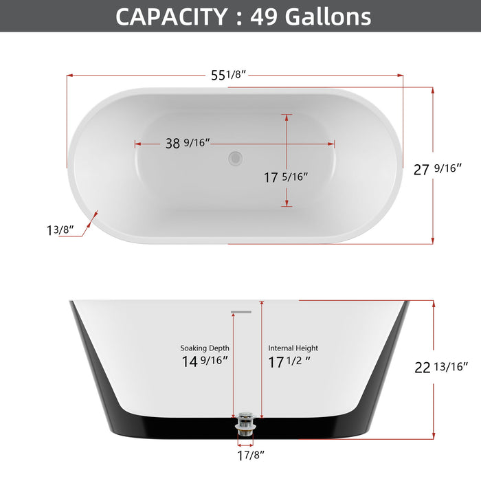 55" Acrylic Free Standing Tub - Classic Oval Shape Soaking Tub, Adjustable Freestanding Bathtub With Integrated Slotted Overflow And Chrome Pop-Up Drain Anti - Clogging Gloss Black