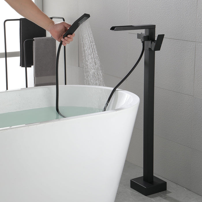 Waterfall Freestanding Single Handle Floor Mounted Clawfoot Tub Faucet With Handshower - Matte Black