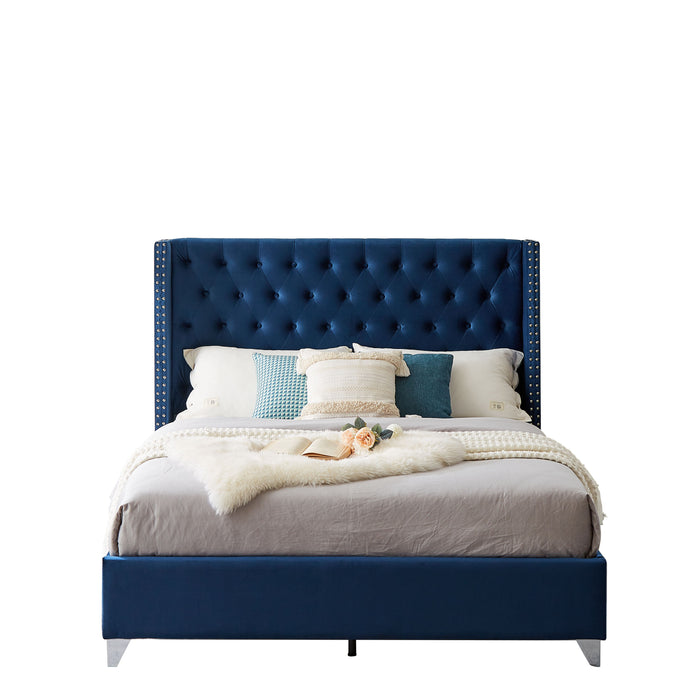 B100S Queen Bed, Button Designed Headboard, Strong Wooden Slats And Metal Legs With Electroplate - Blue