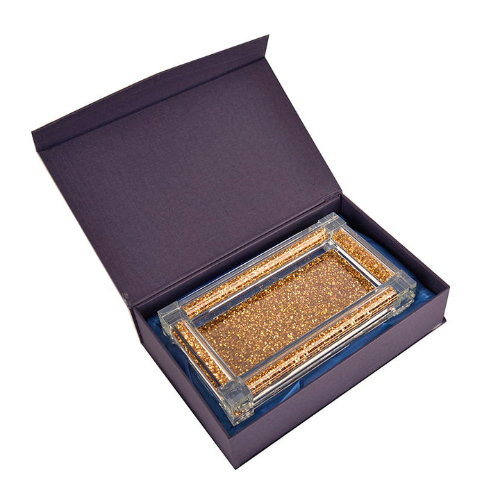 Ambrose Exquisite Tea, Sugar, Coffee Canisters With Tray In Crushed Diamond Glass In Gift Box - Gold