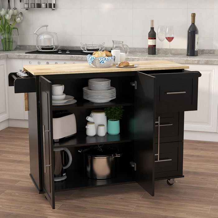 Kitchen Island With Spice Rack, Towel Rack And Extensible Solid Wood Table Top - Black