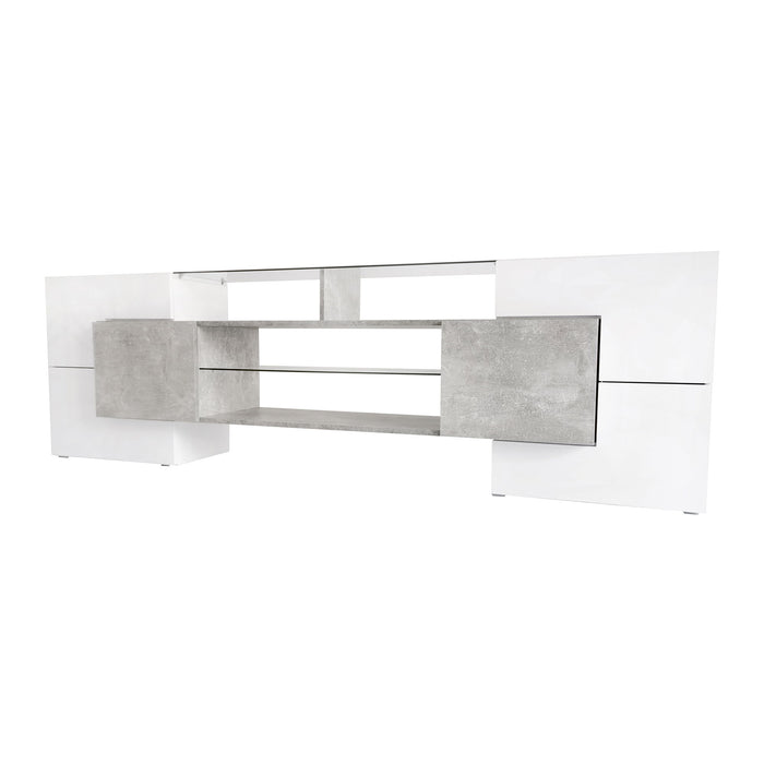 On-Trend Unique Shape TV Stand With 2 Illuminated Glass Shelves, High Gloss Entertainment Center For Tvs Up To 80", Versatile TV Cabinet With Led Color Changing Lights For Living Room, Gray