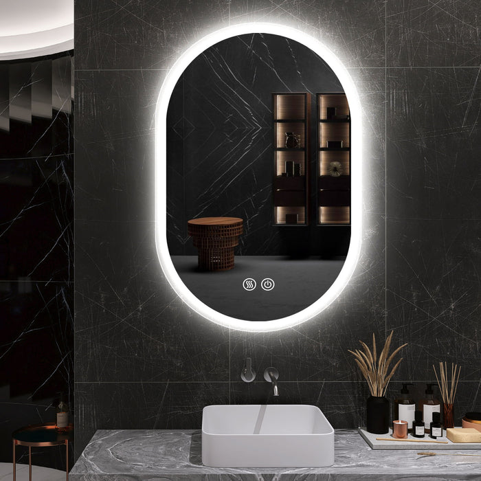 36X24 Inch Bathroom Mirror With Lights, Anti Fog Dimmable Led Mirror For Wall Touch Control, Frameless Oval Smart Vanity Mirror Vertical Hanging