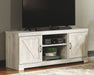 Bellaby - Whitewash - Entertainment Center - TV Stand With Faux Firebrick Fireplace Insert Unique Piece Furniture