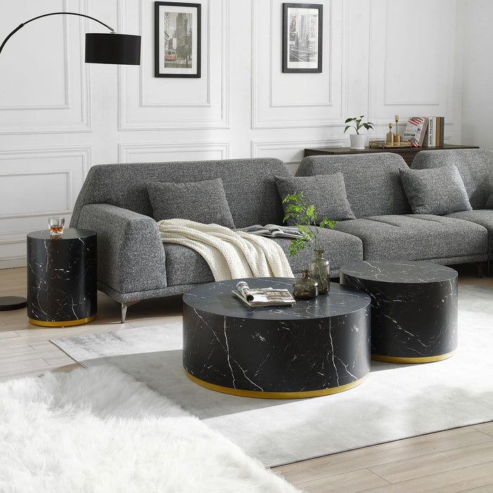 Modern Faux Marble Coffee Tables For Living Room, 35.43 Inch Accent Tea Tables With Gold Metal Base (Black)