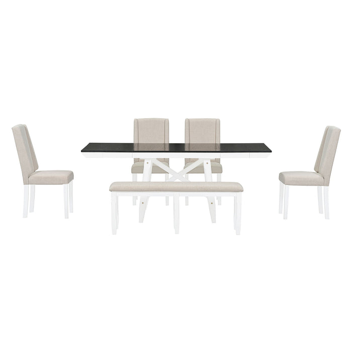 Trexm 6 Piece Classic Dining Table Set, Rectangular Extendable Dining Table With Two 12"W Removable Leaves And 4 Upholstered Chairs & 1 Bench For Dining Room (White / Black)