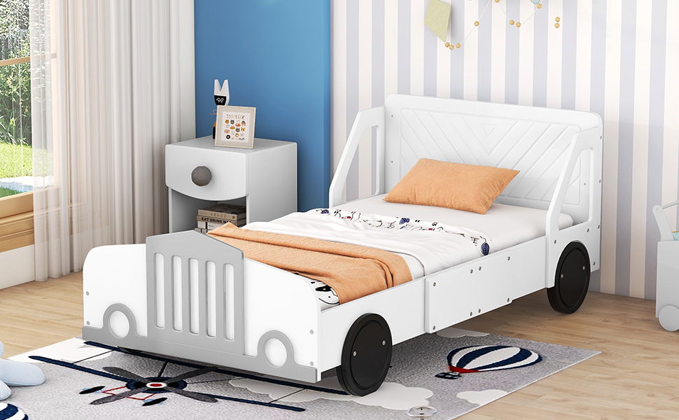 Twin Size Car-Shaped Platform Bed With Wheels, White