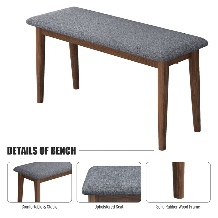 2 Pieces Upholstered Benches Retro Upholstered Bench Solid Rubber Wood For Kitchen Dining Room Grey And Walnut Color