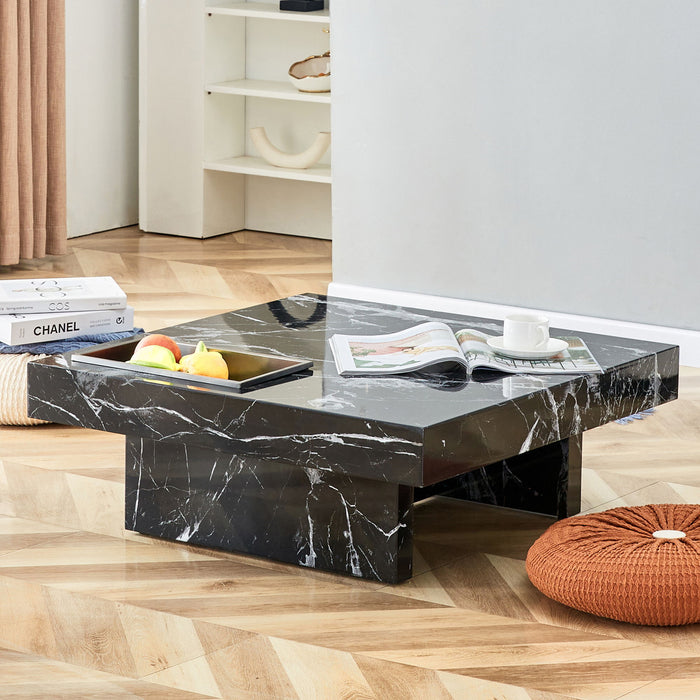 A Modern And Practical Coffee Table Made Of MDF Material With Black Patterns. The Fusion Of Elegance And Natural Fashion