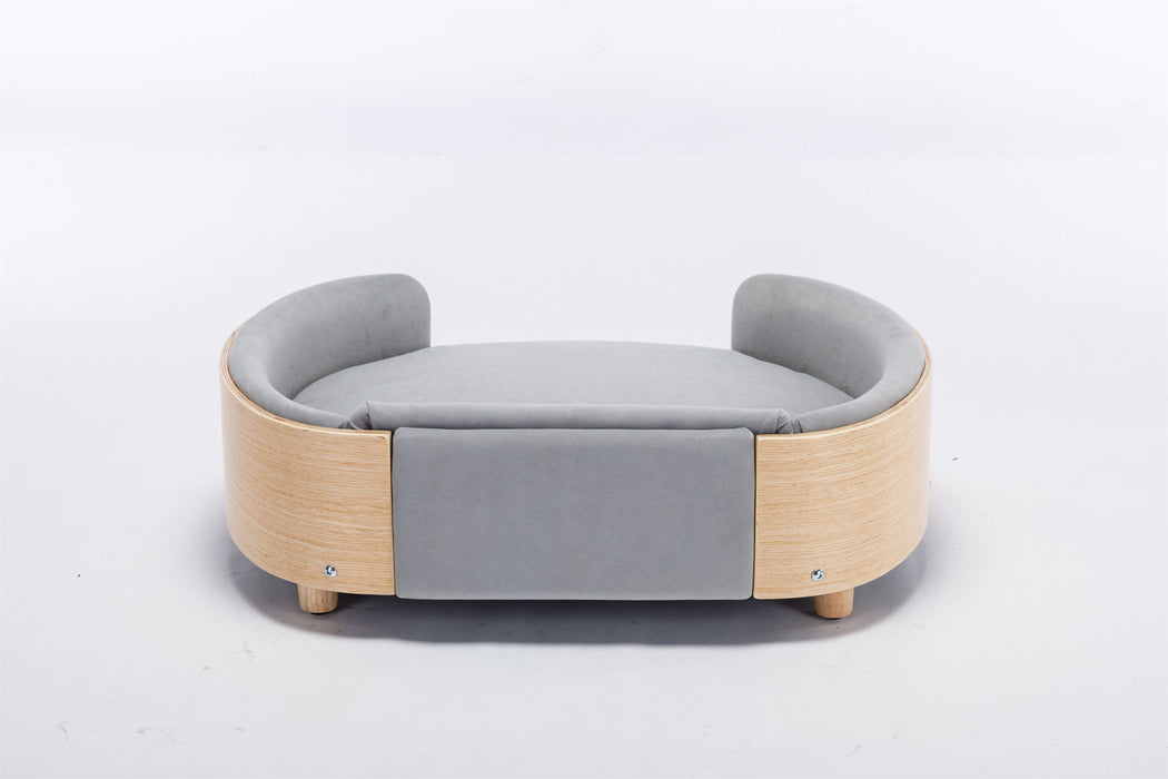Scandinavian Style Elevated Dog Bed Pet Sofa With Solid Wood Legs And Bent Wood Back, Velvet Cushion, Mid Size Light Grey