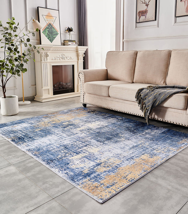 Zara Collection Abstract Design Machine Washable Super Soft Area Rug - Blue / Gold