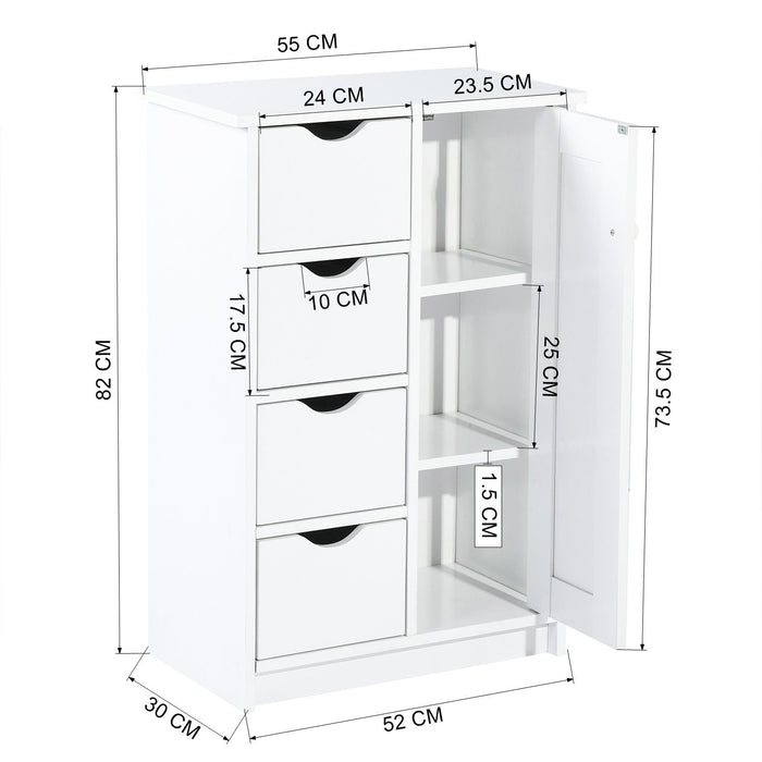 Pure White Wood Floor Storage Organizer Cabinet With 4 Drawers And 1 Door Cabinet 3 Shelves