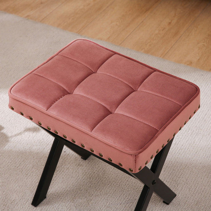 Fabric Upholstered Bench Ottoman Footstool Seat With X - Shaped Metal Legs (Pink)