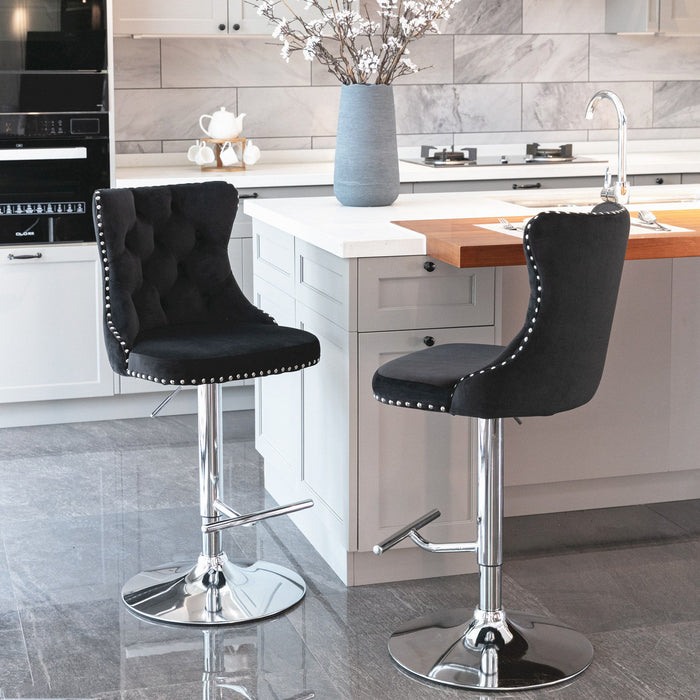 Swivel Velvet Barstools AdjUSAtble Seat Height From 25 - 33", Modern Upholstered Chrome Base Bar Stools With Backs Comfortable Tufted For Home Pub And Kitchen Island (Black, (Set of 2)