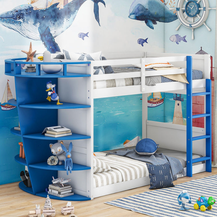 Twin Over Twin Boat-Like Shape Bunk Bed With Storage Shelves, White / Blue