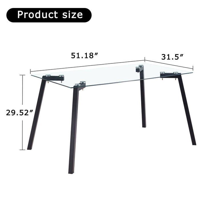 Modern Minimalist Rectangular Glass Dining Table For 4-6 With Tempered Glass Tabletop And - Black Coating Metal Legs, Writing Table Desk, For Kitchen Dining Living Room