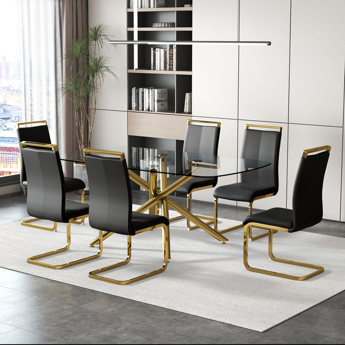 Large Modern Minimalist Rectangular Glass Dining Table For 6 - 8 With Tempered Glass Tabletop And Golden Plated Metal Legs, For Kitchen Dining Living Meeting Room Banquet Hall