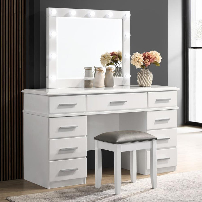 Felicity - 9-Drawer Vanity Desk With Lighted Mirror - Glossy White Unique Piece Furniture