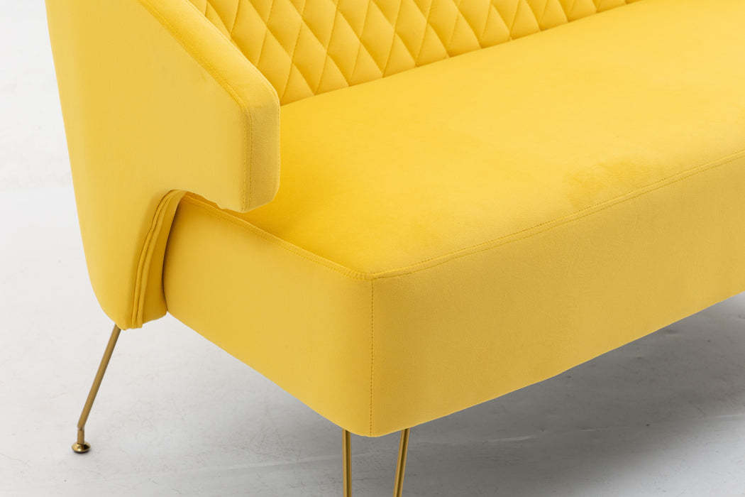 Twin Size Love Seat Accent Sofa With Golden Metal Legs, Living Room Sofa With Tufted Backrest, 600 Pounds Weight Capacity - Yellow
