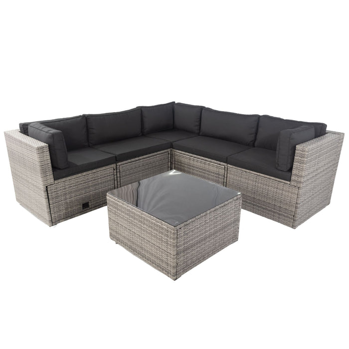 6 Pieces PE Rattan Sectional Outdoor Cushioned Sofa Set With 3 Storage Under Seat Gray