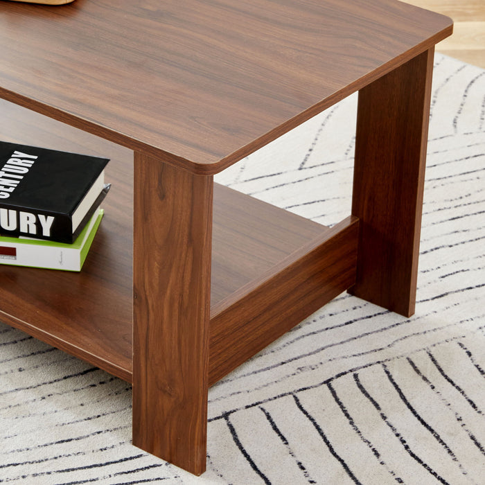 Modern Minimalist Walnut Colored Double Layered Rectangular Coffee Table, Tea Table.Mdf Material Is More Durable, Suitable For Living Room, Bedroom, And Study Room