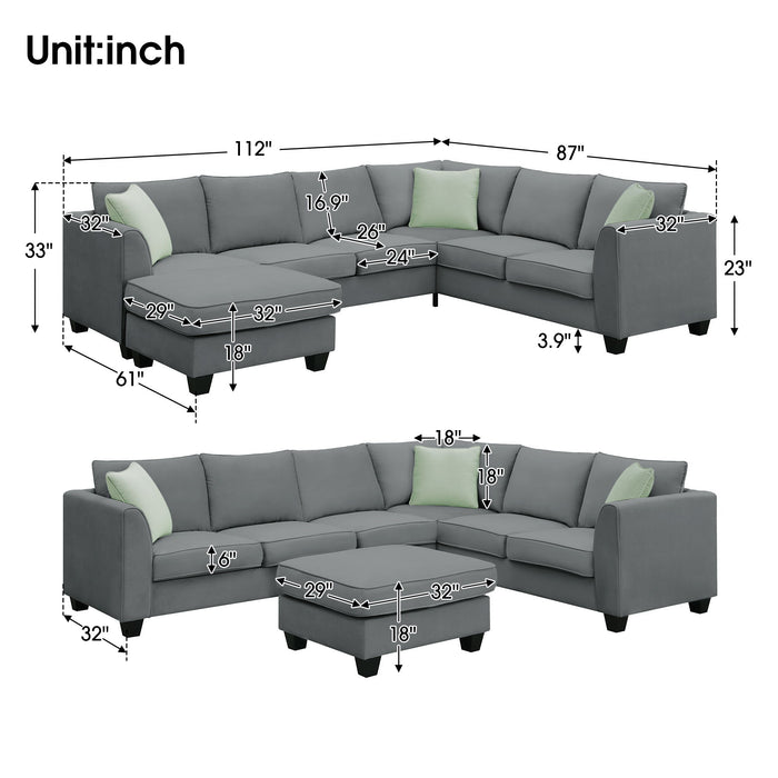 Sectional Sofa Couches Living Room Sets, 7 Seats Modular Sectional Sofa With Ottoman, L Shape Fabric Sofa Corner Couch Set With 3 Pillows, Grey