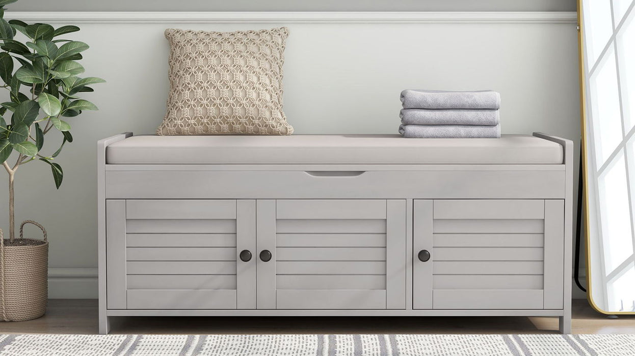 Trexm Storage Bench With 3 Shutter-Shaped Doors, Shoe Bench With Removable Cushion And Hidden Storage Space (Gray Wash, Old Sku: Wf284226Aae)
