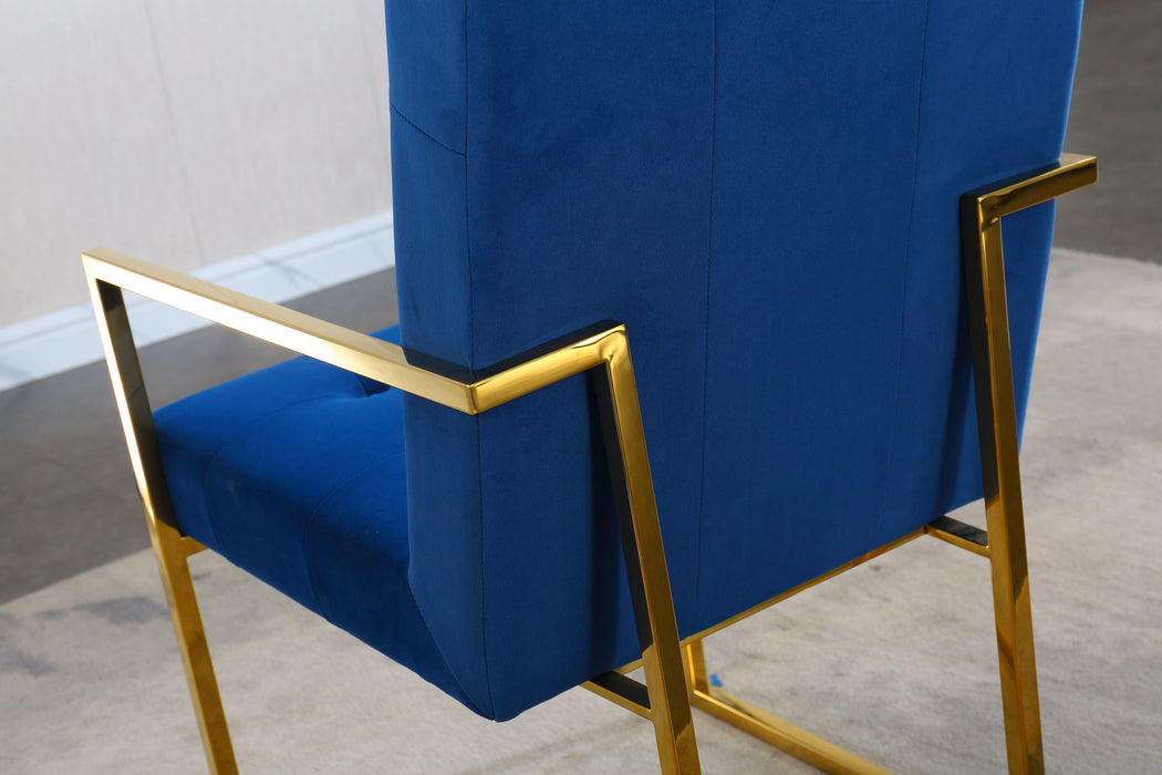 Modern Velvet Dining Arm Chair Set of 1, Tufted Design And Gold Finish Stainless Base - Blue