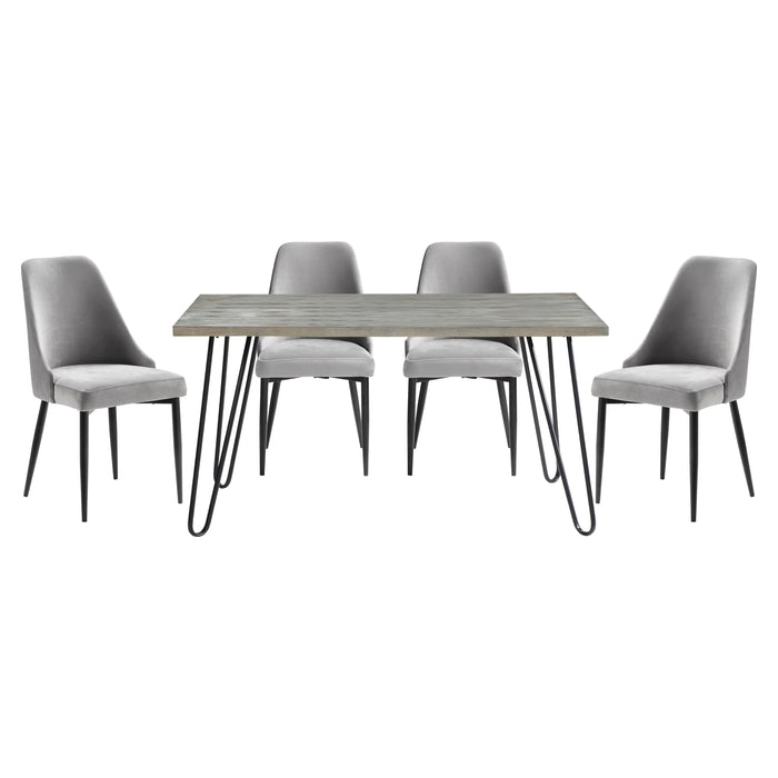 Modern Sleek Design 5 Pieces Dining Set Table And 4 Side Chairs Gray Velvet Casual Metal Frame Stylish Dining Furniture