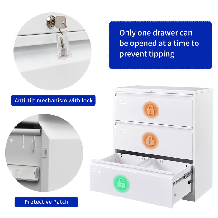 3 Drawer Lateral Filing Cabinet For Legal / Letter A4 Size, Large Deep Drawers Locked By Keys, Locking Wide File Cabinet