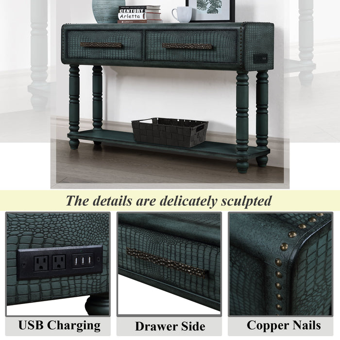 Imitation Crocodile Skin Apperance Sofa Table, 54 Inch Pine Wood Console Table With 2 Power Outlets And 2 Usb Ports For Entryway/Hallway/ Living Room With Solid Wood Legs Antique Green