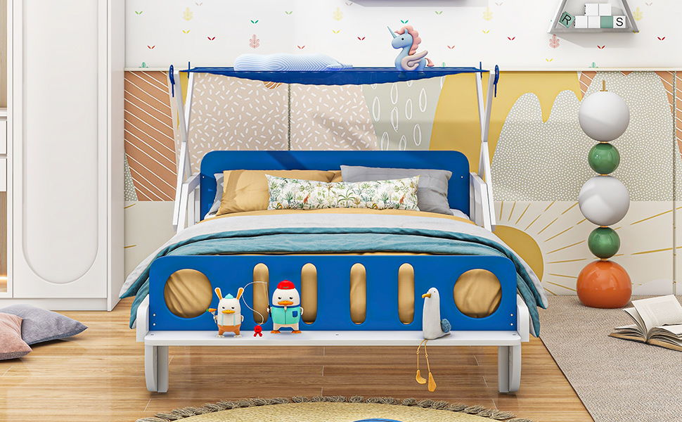 Wood Twin Size Car Bed With Ceiling Cloth, Headboard And Footboard, White + Blue