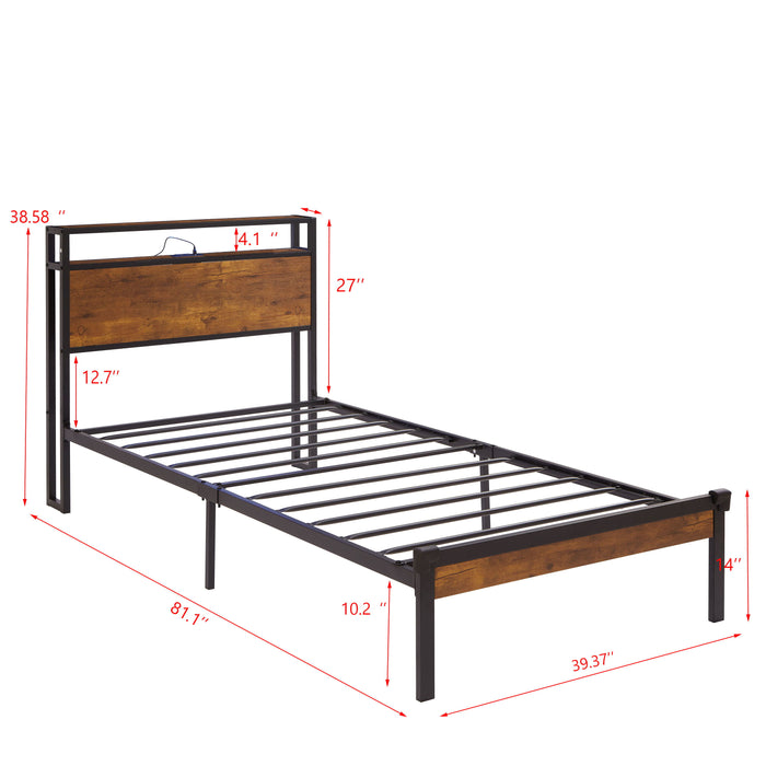 Twin Size Metal Platform Bed Frame With Wooden Headboard And Footboard With USB Liner, No Box Spring Needed, Under Bed Storage, Easy Assemble