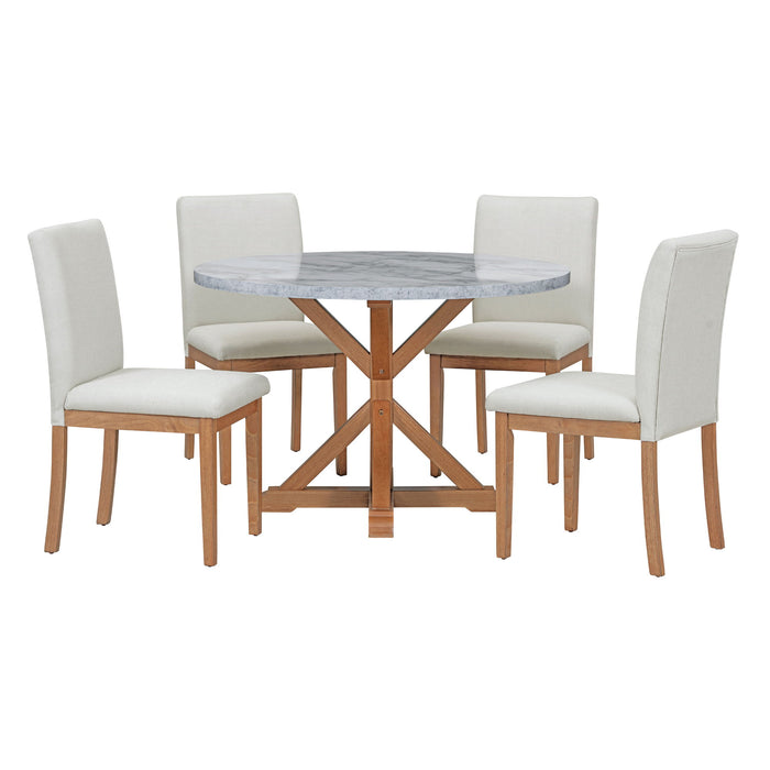 Trexm 5 Piece Farmhouse Style Dining Table Set, Marble Sticker And Cross Bracket Pedestal Dining Table, And 4 Upholstered Chairs (White / Walnut)