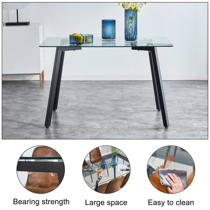 Modern Minimalist Rectangular Glass Dining Table For 4-6 With Tempered Glass Tabletop And - Black Coating Metal Legs, Writing Table Desk, For Kitchen Dining Living Room