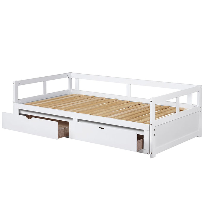 Wooden Daybed With Trundle Bed And Two Storage Drawers, Extendable Bed Daybed, Sofa Bed For Bedroom Living Room, White