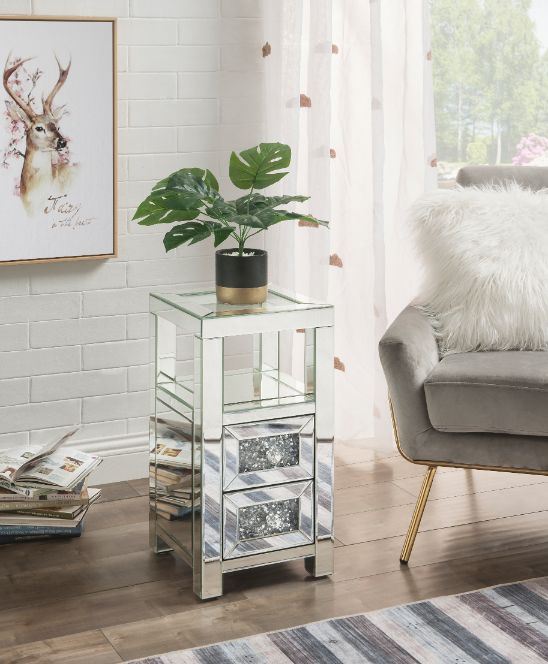 Noralie - Accent Table - Clear Glass, Mirrored & Faux Diamonds - 24" Unique Piece Furniture