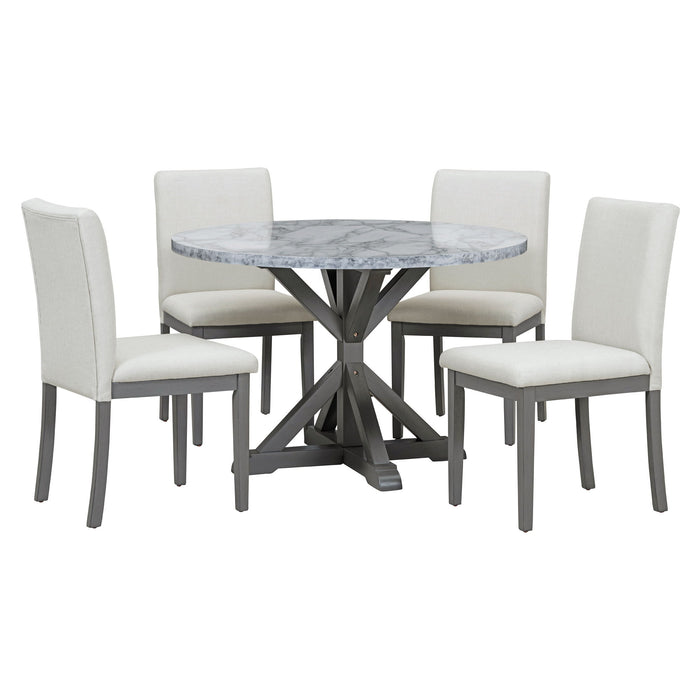 Trexm 5 Piece Farmhouse Style Dining Table Set, Marble Sticker And Cross Bracket Pedestal Dining Table, And 4 Upholstered Chairs (White / Gray)