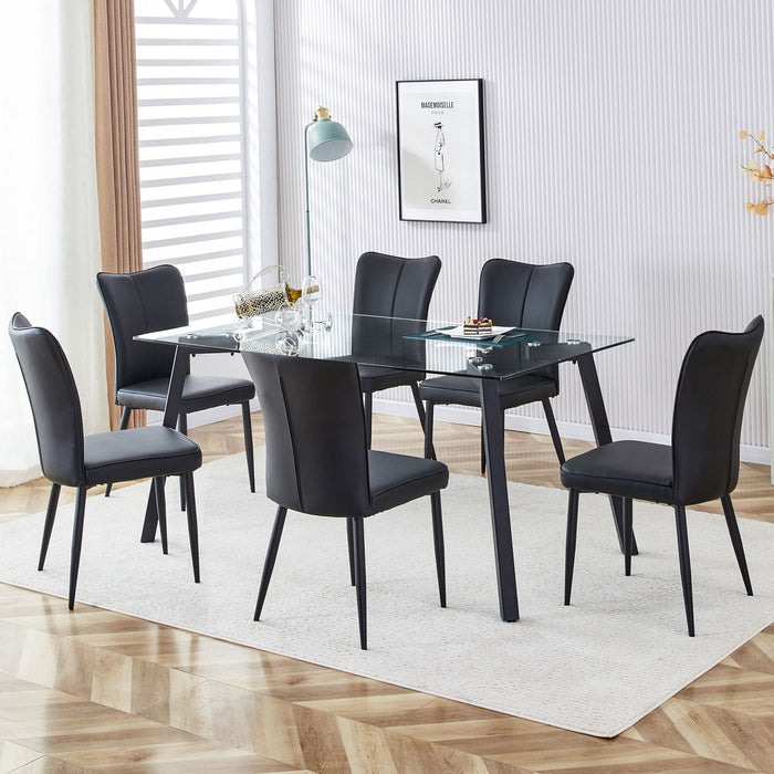 Table And Chair Set, 1 Table And 6 Black Chairs, Glass Dining Table With 0.31" Tempered Glass Tabletop And Black Coated Metal Legs, Equipped With Black PU Chairs