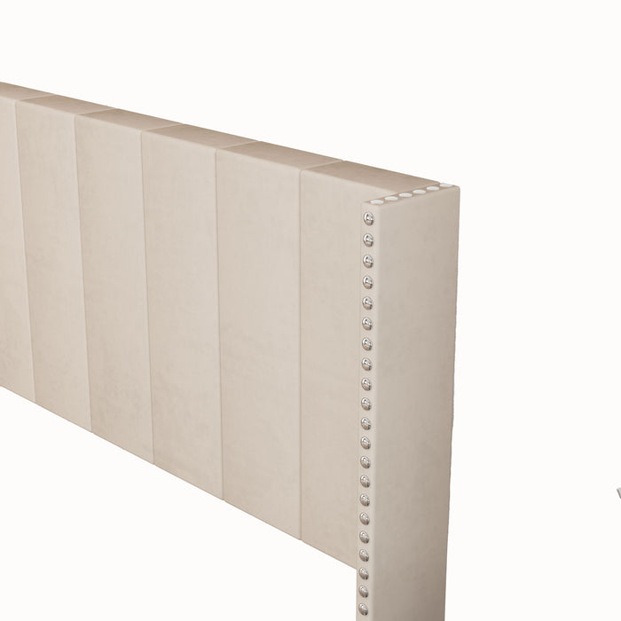 Velvet Upholstered Bed Frame With Vertical Channel Tufted Headboard, Modern Decorative Nailheads, Full Size Bed Frame Beige