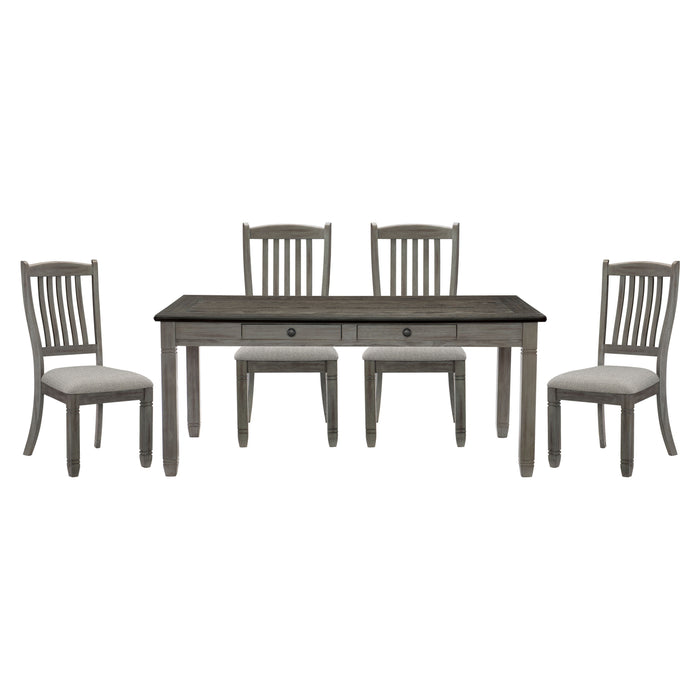 Antique Gray And Coffee Finish 5 Pieces Dining Set Table 6 Drawers Upholstered 4 Side Chairs Casual Country Style Dining Room Furniture