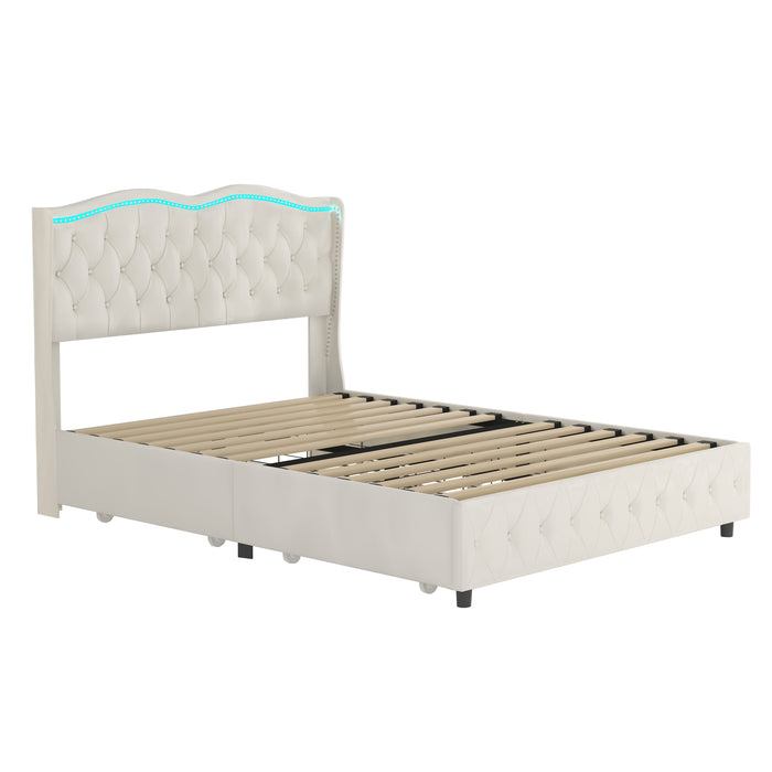 Queen Platform Bed Frame, Velvet Upholstered Bed With Deep Tufted Buttons And Nailhead Trim, Adjustable Colorful Led Light Decorative Headboard, Bed Sides With Pull-Out Storage 4 Drawers, Beige