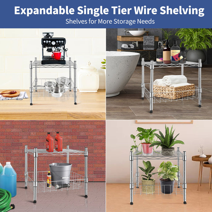 Heavy Duty Shelving Unit, Wire Metal Stackable Storage, 1-Tier Shelf, With Basket, Chrome