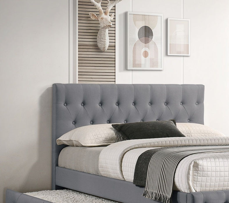 Contemporary Twin Size Bed With Trundle Slats Light Gray Burlap Upholstered Button Tufted Headboard Footboard Youth Bedroom Furniture Wooden Slats 1 Piece Bed