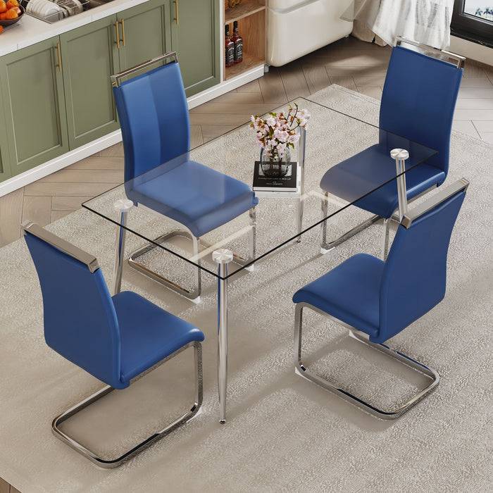 Glass Dining Table, Dining Chair Set, 4 Blue Dining Chairs, 1 Dining Table