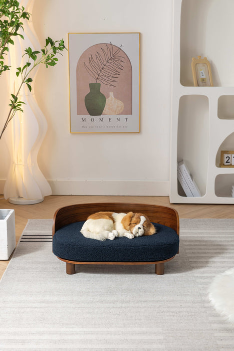 Scandinavian Style Elevated Dog Bed Pet Sofa With Solid Wood Legs And Bent Wood Back, Cashmesh Cushion, Walnut Wood, Dark Blue Cashmesh