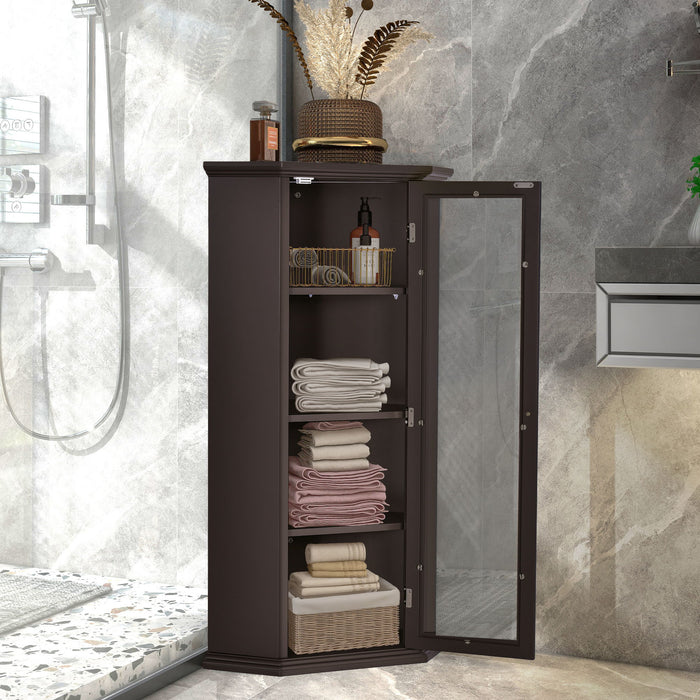 Freestanding Bathroom Cabinet With Glass Door, Corner Storage Cabinet For Bathroom, Living Room And Kitchen, MDF Board With Painted Finish, Brown