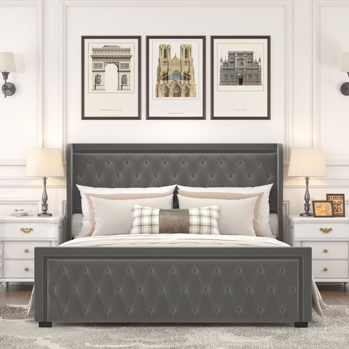 Queen Platform Bed Frame With High Headboard, Velvet Upholstered Bed With Deep Tufted Buttons, Adjustable Colorful Led Light Decorative Headboard, Wide Wingbacks, Gray