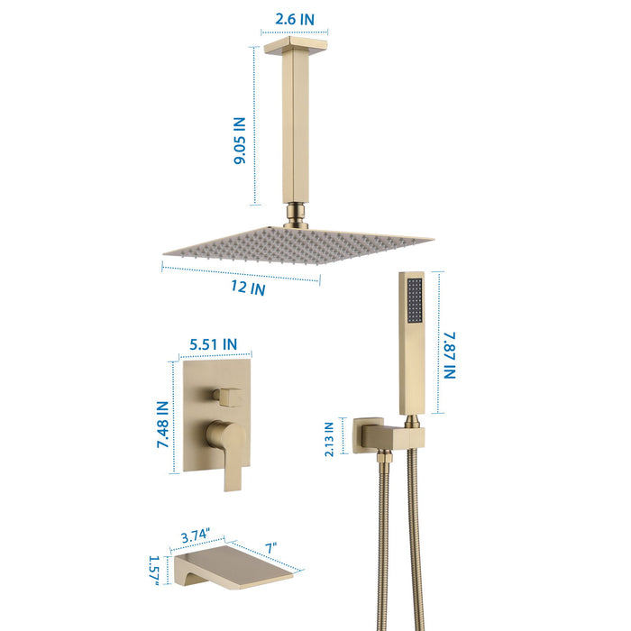 12Inch Shower System With Waterfall Tub Spout And Handheld Shower Head - Brushed Gold